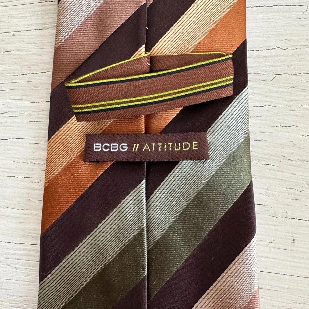 BCBG Attitude Men's Striped Silk Tie Brown Orange Green Beige Business OR Casual